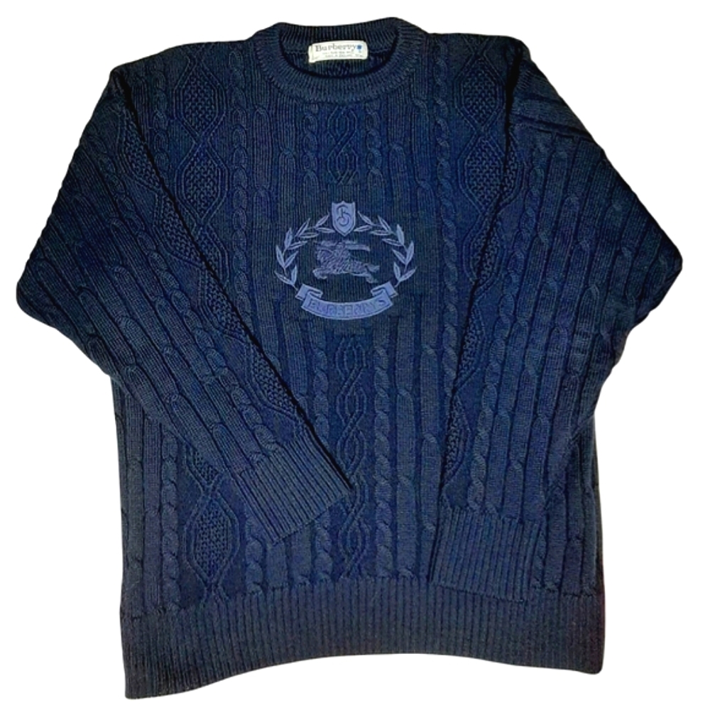 90s Burberry | Prorsum Equestrian Knight | Wool Big Logo | Cable Knit Sweater - Picture 1 of 10